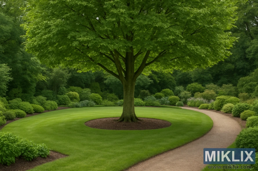 Pohon Beech Eropa yang sudah dewasa dengan tajuk hijau yang lebar sebagai titik fokus di taman lanskap.