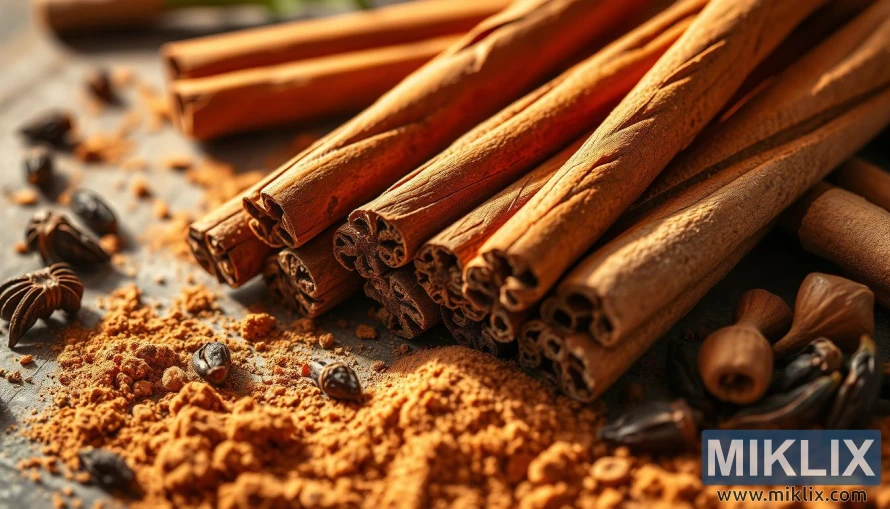 Gambar dekat batang kayu manis dengan serbuk dan bunga cengkih dalam pencahayaan desa yang hangat. Gambar dekat batang kayu manis dengan serbuk dan bunga cengkih dalam pencahayaan desa yang hangat.