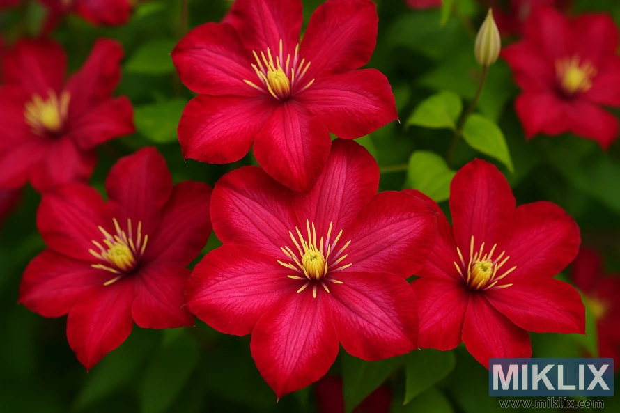 Detailed close-up of vibrant red Clematis ‘Ville de Lyon’ flowers with yellow stamens against a green leafy background.
