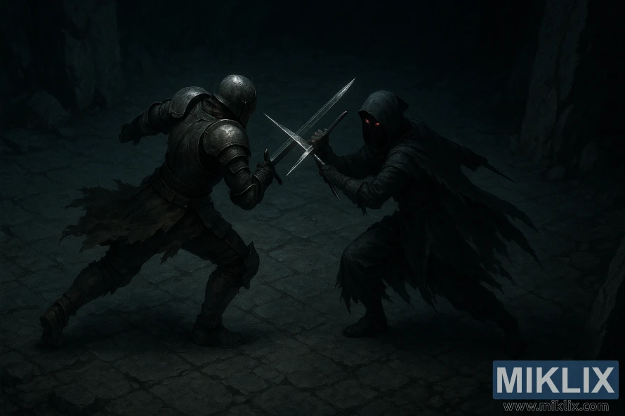 Landscape dark fantasy scene of the Tarnished clashing swords with a dual-dagger Black Knife Assassin inside a shadowy cave. Landscape dark fantasy scene of the Tarnished clashing swords with a dual-dagger Black Knife Assassin inside a shadowy cave.