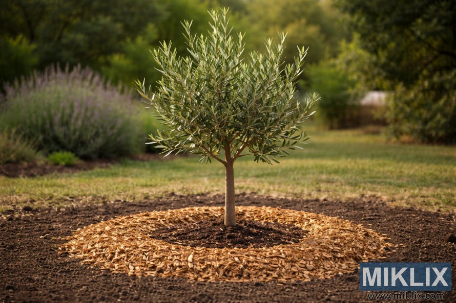 बगैंचाको वातावरणमा गोलाकार मल्च रिङ र स्वस्थ चाँदी-हरियो पातहरू सहित जमिनमा रोपिएको जवान जैतुनको रूख।