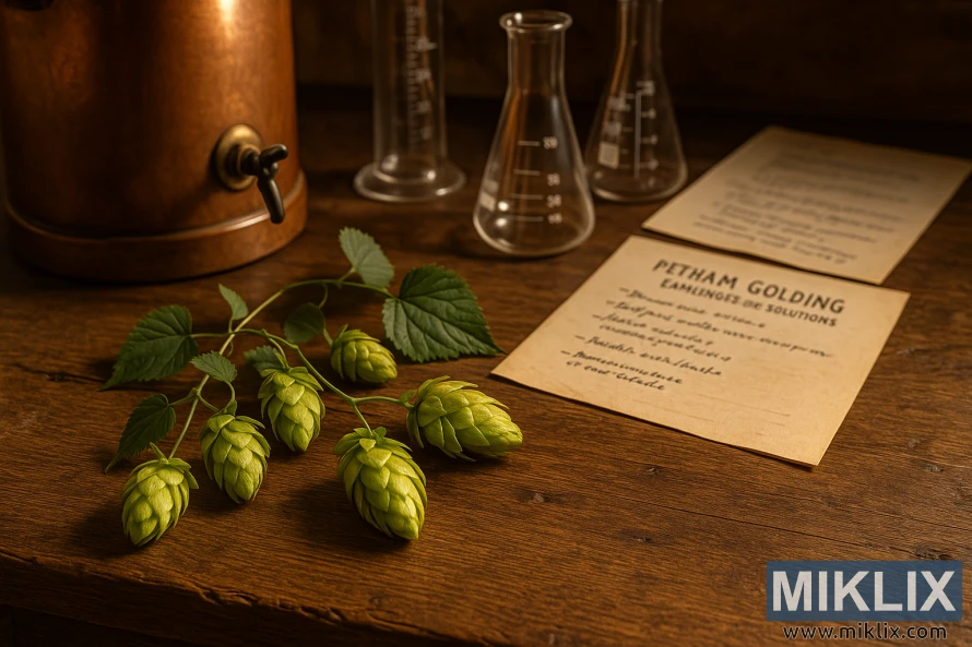 Petham Golding yang segar disajikan di atas meja pedesaan dengan ketel tembaga, gelas kimia, dan aroma seduh dalam cahaya hangat. Petham Golding yang segar disajikan di atas meja pedesaan dengan ketel tembaga, gelas kimia, dan aroma seduh dalam cahaya hangat.