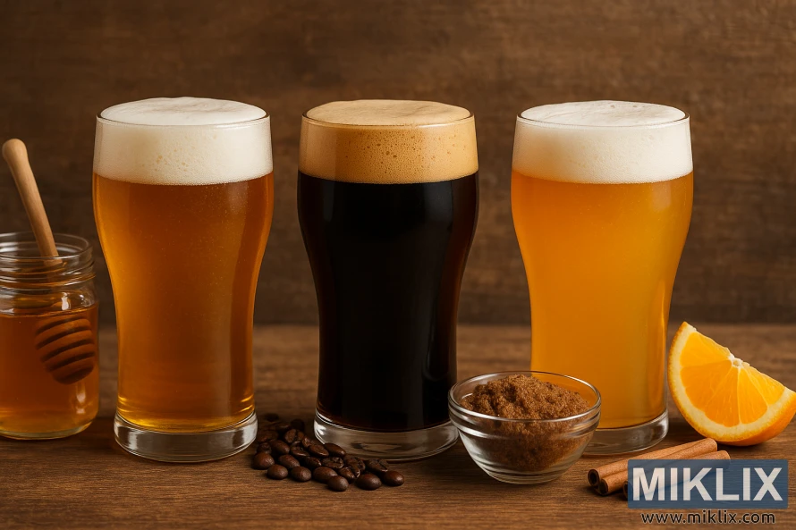 나무통에 담긴 세 가지 수제 맥주: 허니 에일, 커피 스타우트, 오렌지 밀맥주에 첨가물.