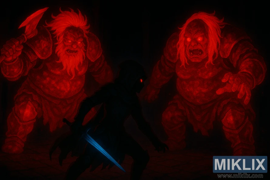 Tumšā torņa interjerā ar kapuci aptraipīts ar kvēlojošu zilu asmeni stājas pretī diviem masīviem, sarkanā apgaismotiem Fell dvīņiem.