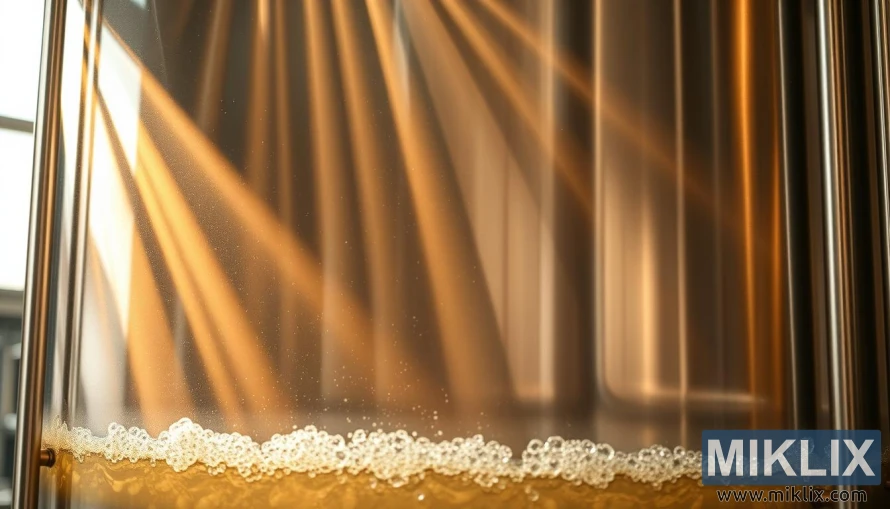 Rustfri ståltank med forsiktig boblende øl under varmt, gyllent lys i et mikrobryggeri. Rustfri ståltank med forsiktig boblende øl under varmt, gyllent lys i et mikrobryggeri.