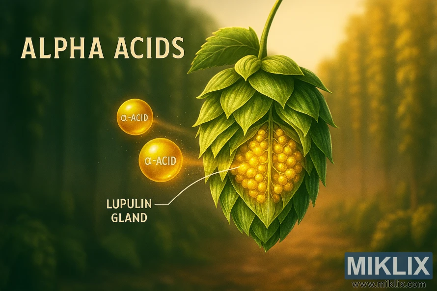 Detailed illustration of a hop cone showing lupulin glands and alpha acids with a blurred hop field in the background Detailed illustration of a hop cone showing lupulin glands and alpha acids with a blurred hop field in the background
