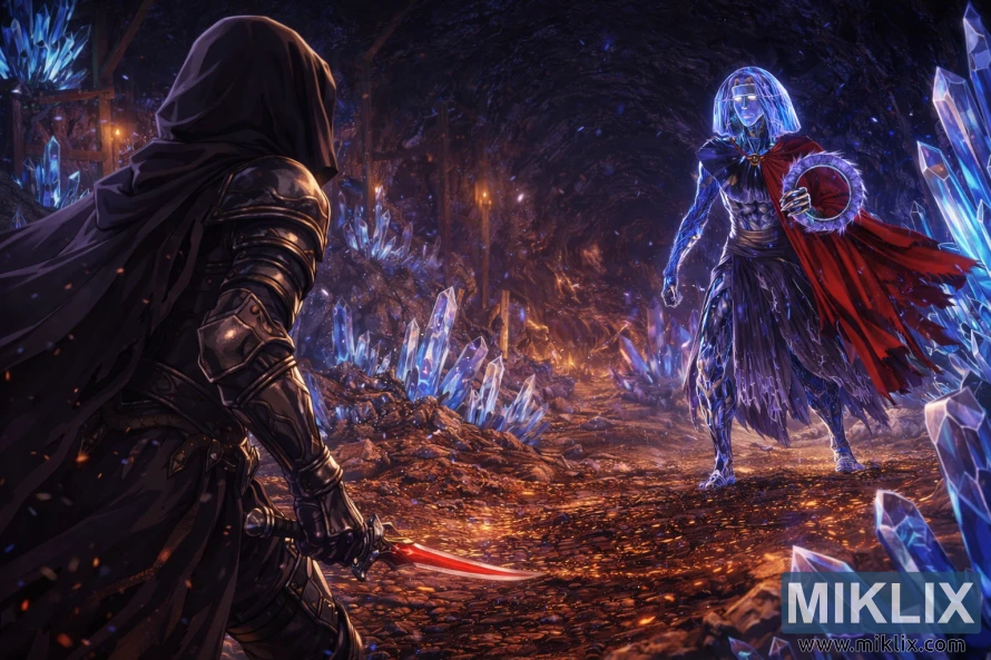 Arte de fã de Elden Ring em estilo anime, mostrando o Tarnished de costas, vestindo a armadura Black Knife, encarando o chefe Crystalian dentro da caverna de cristal brilhante do Túnel de Cristal de Raya Lucaria.