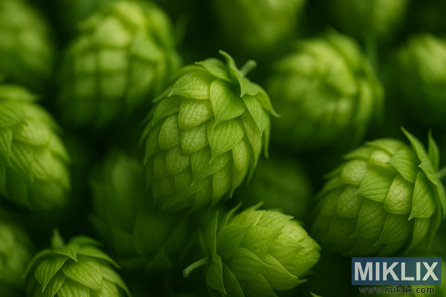 Макрофотографія яскраво-зелених шишок хмелю сорту Мандарина Баварія з м'яким освітленням та невеликою глибиною різкості. Макрофотографія яскраво-зелених шишок хмелю сорту Мандарина Баварія з м'яким освітленням та невеликою глибиною різкості.