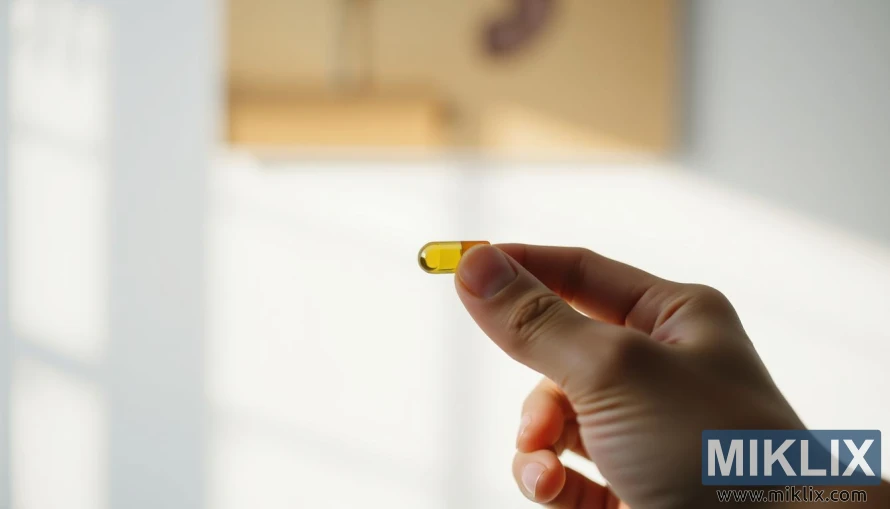 മങ്ങിയ പശ്ചാത്തലത്തിൽ ടോറിൻ കാപ്സ്യൂൾ പിടിച്ചിരിക്കുന്ന കൈ. മങ്ങിയ പശ്ചാത്തലത്തിൽ ടോറിൻ കാപ്സ്യൂൾ പിടിച്ചിരിക്കുന്ന കൈ.