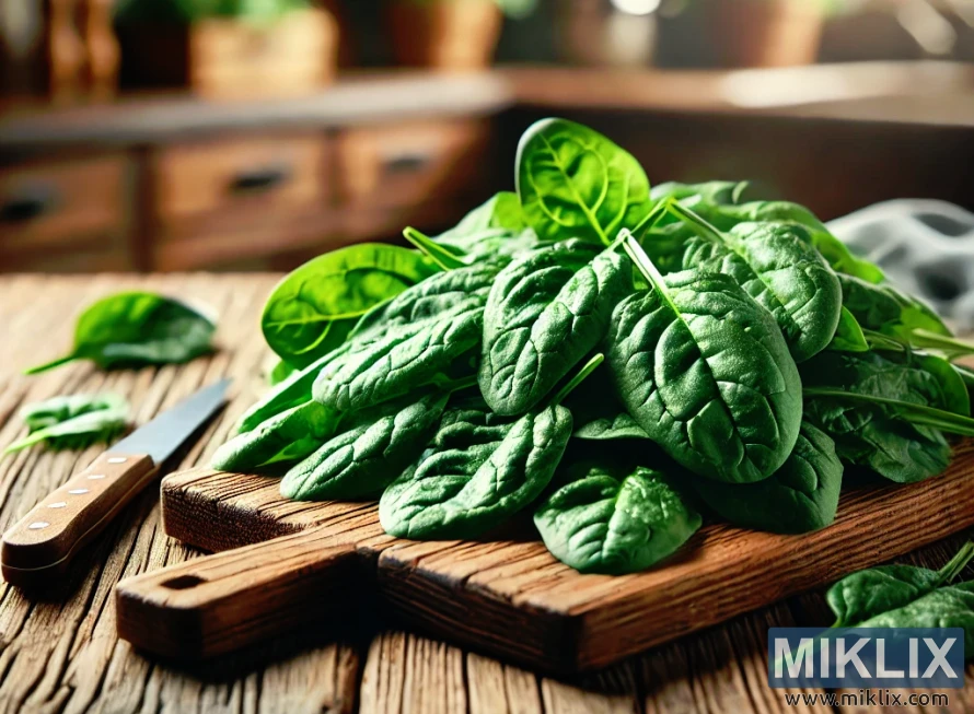Friske spinatblade på et træskærebræt med en kniv. Friske spinatblade på et træskærebræt med en kniv.