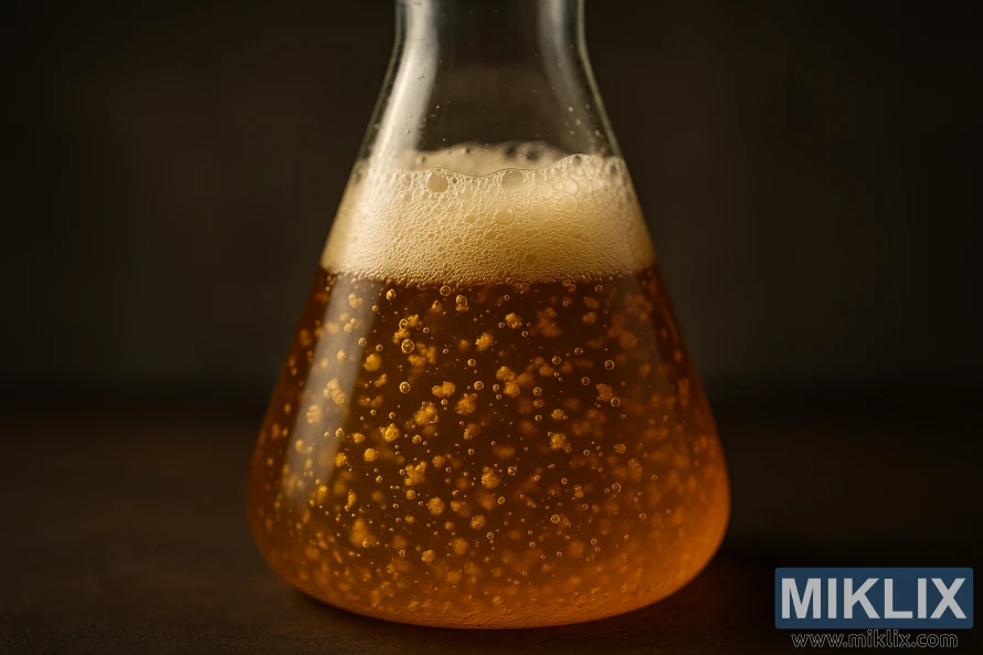 Крупный план стеклянной колбы, наполненной пенистой золотистой жидкостью и частицами дрожжей, на темном фоне. Крупный план стеклянной колбы, наполненной пенистой золотистой жидкостью и частицами дрожжей, на темном фоне.