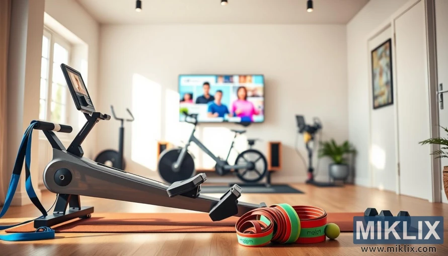 Home gym with rowing machine, bike, resistance bands, yoga mat, and dumbbells in warm light. Home gym with rowing machine, bike, resistance bands, yoga mat, and dumbbells in warm light.