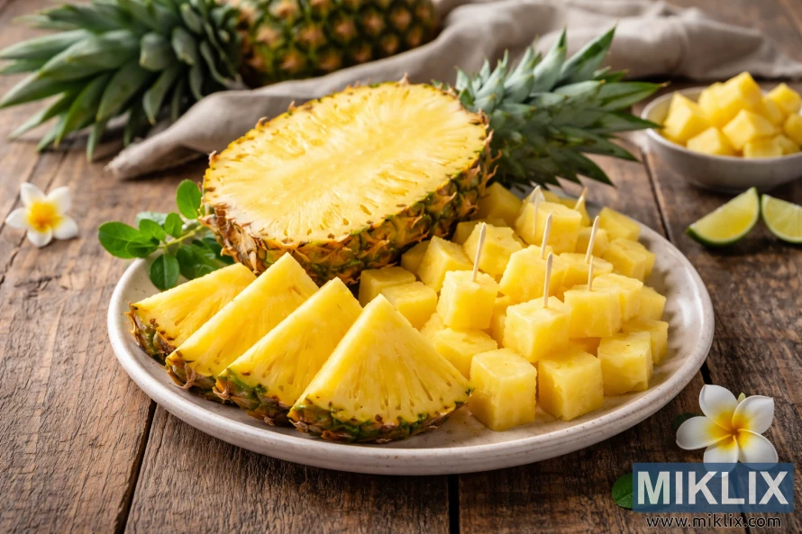 Pinya tallada per la meitat amb falques i daus en un plat beix, col·locat sobre una taula de fusta rústica amb detalls tropicals al fons.