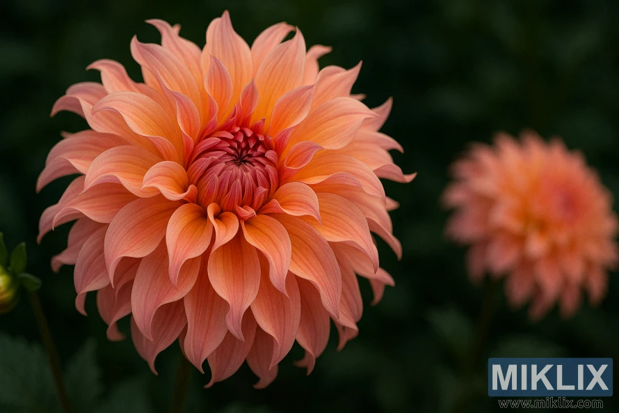 Close-up of a Labyrinth dahlia with twisting pink, apricot, and peach petals.