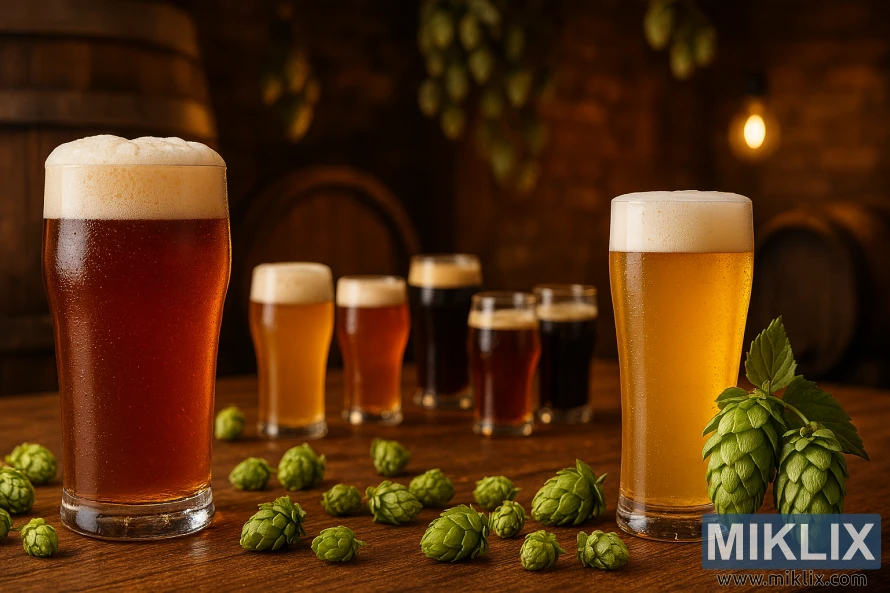Assorted beer styles featuring Herkules hops on a rustic wooden table in a cozy brewery setting