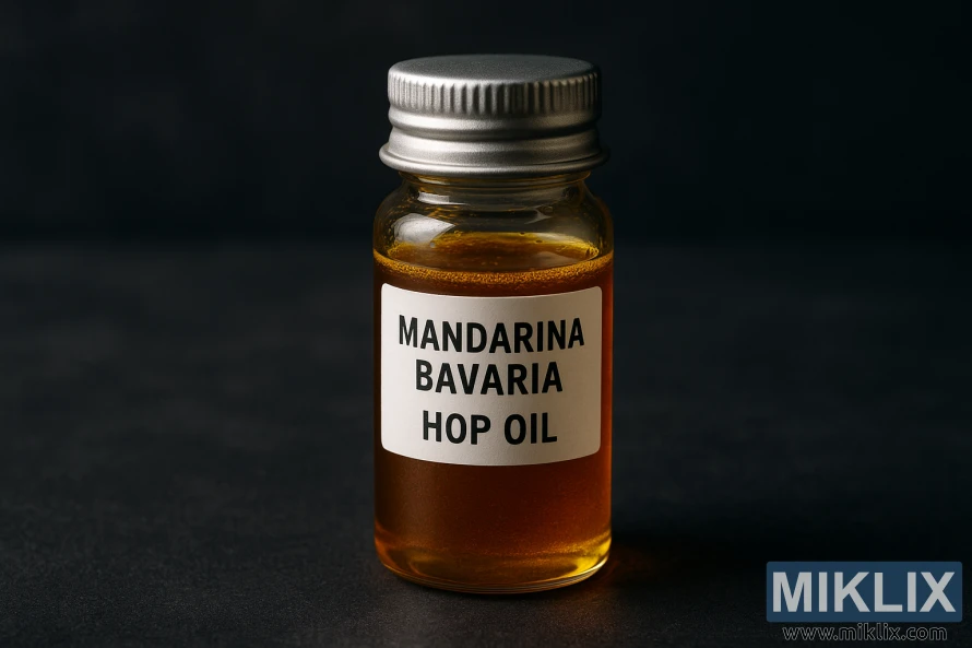Крупний план скляної пляшечки з написом «Mandarina Bavaria Hop Oil» на темній текстурованій поверхні. Крупний план скляної пляшечки з написом «Mandarina Bavaria Hop Oil» на темній текстурованій поверхні.
