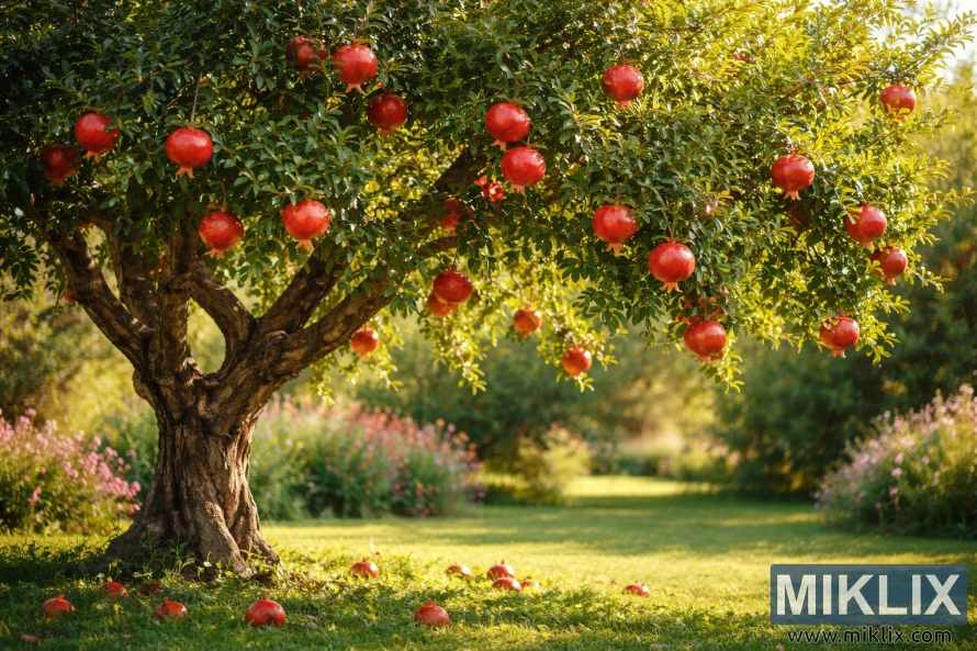 Mature pomegranate tree with ripe red fruits hanging from branches in a sunlit summer garden, with green grass and soft background flowers. Mature pomegranate tree with ripe red fruits hanging from branches in a sunlit summer garden, with green grass and soft background flowers.