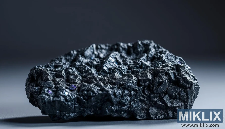 Tampilan dekat sampel bijih mangan abu-abu gelap dengan tekstur kristal dan warna-warni.