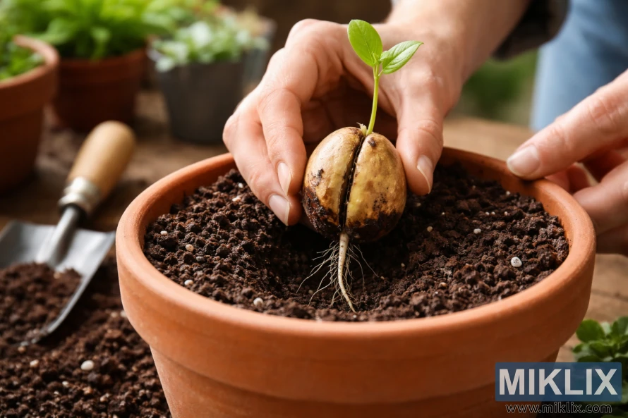 Hands placing a sprouted avocado seed with roots and green leaves into a terracotta pot filled with dark soil