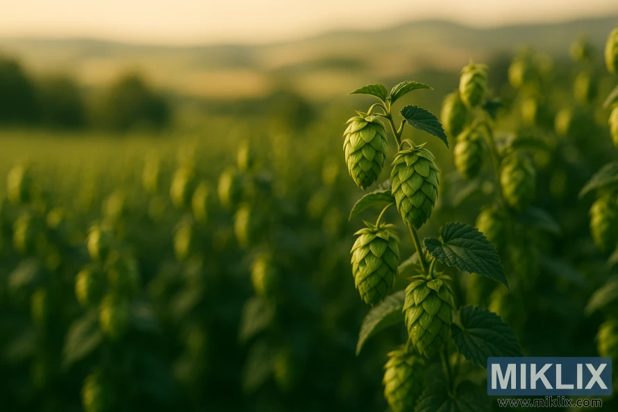 Close-up of lush green hop cones in warm golden light with blurred rolling hills in the background.