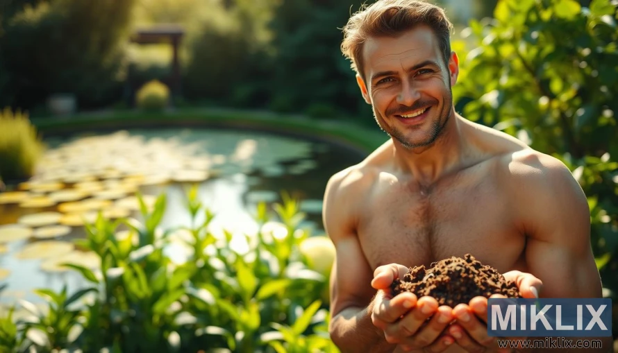 સૂર્યપ્રકાશિત બગીચામાં માટી પકડી રાખેલો માણસ, જે જીવનશક્તિ અને ફળદ્રુપતાનું પ્રતીક છે. સૂર્યપ્રકાશિત બગીચામાં માટી પકડી રાખેલો માણસ, જે જીવનશક્તિ અને ફળદ્રુપતાનું પ્રતીક છે.