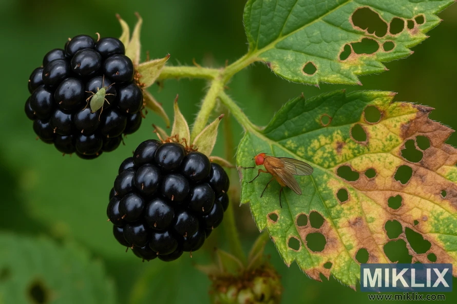 Prinokusių gervuogių stambus planas su matomais kenkėjų padarytais lapais ir vabzdžiais, įskaitant amarus ir muses ant augalo. Prinokusių gervuogių stambus planas su matomais kenkėjų padarytais lapais ir vabzdžiais, įskaitant amarus ir muses ant augalo.