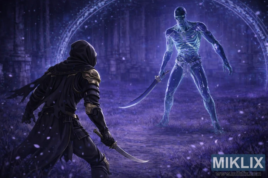 Een brede, anime-achtige fanart van Elden Ring, waarop de Tarnished van achteren te zien is in een zwart mespantser, tegenover een torenhoge Onyx Lord in de Royal Grave Evergaol, vlak voor het gevecht.