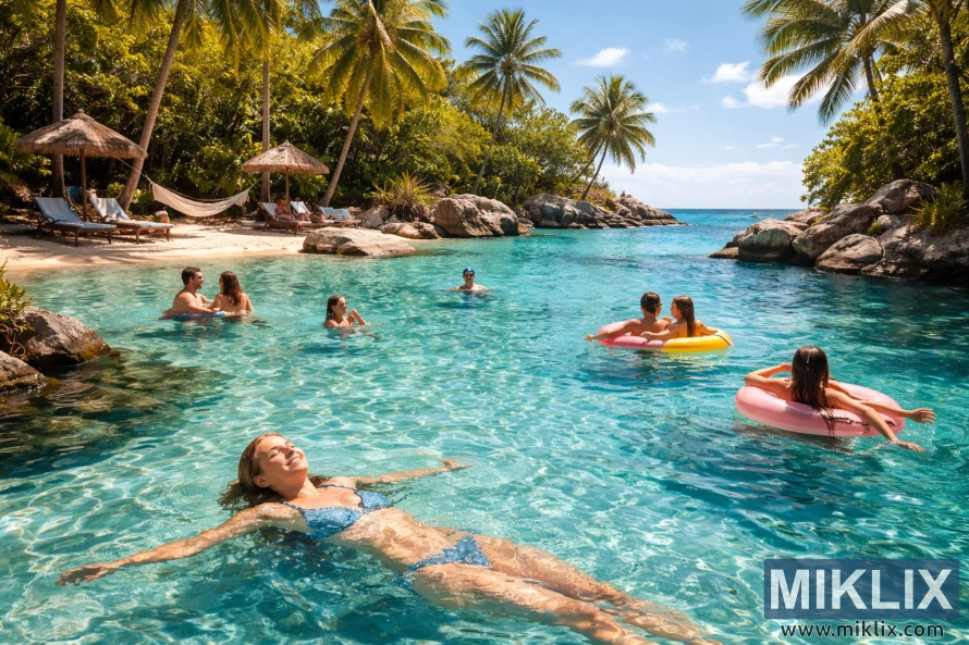 People swimming and relaxing in clear turquoise water at a sunny tropical beach with palm trees People swimming and relaxing in clear turquoise water at a sunny tropical beach with palm trees