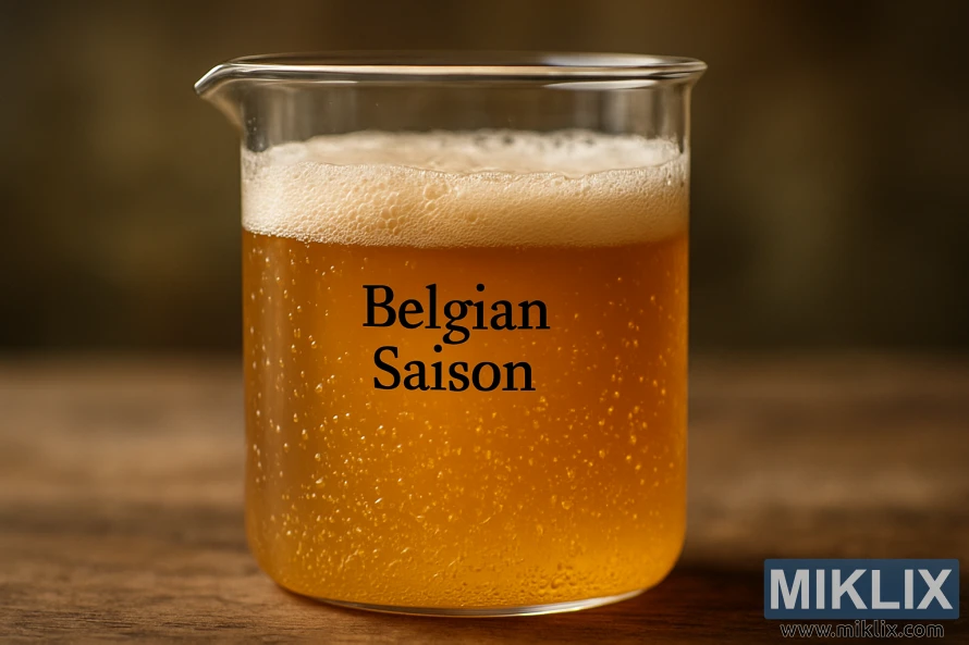 Foto dekat Saison Belgium yang sedang menapai dalam bikar kaca, dengan buih-buih effervescent dan buih di bawah cahaya semula jadi yang lembut.