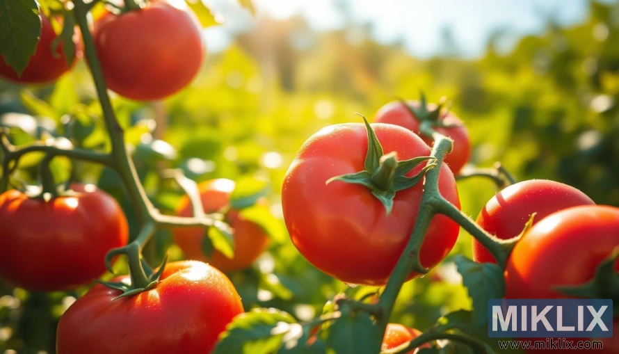 Close-up of ripe red tomatoes with dewdrops in a sunlit garden setting. Close-up of ripe red tomatoes with dewdrops in a sunlit garden setting.