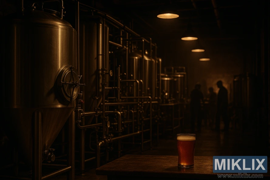 Dimly lit brewery interior with towering stainless steel fermentation tanks, pipes, valves, and a glowing pint of amber beer on a wooden surface in the foreground.