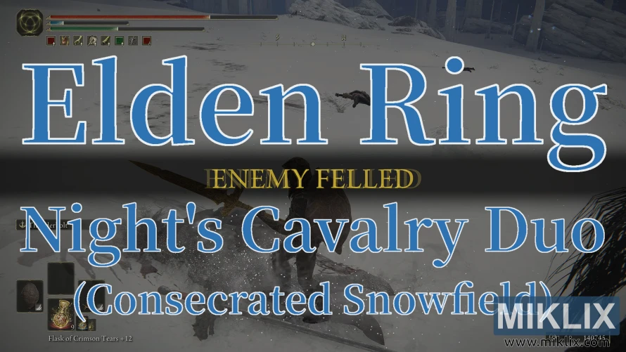 Posnetek zaslona Elden Ringa, ki prikazuje »sovražnika podrtega« po porazu dua nočne konjenice na posvečenem snežnem polju. Posnetek zaslona Elden Ringa, ki prikazuje »sovražnika podrtega« po porazu dua nočne konjenice na posvečenem snežnem polju.
