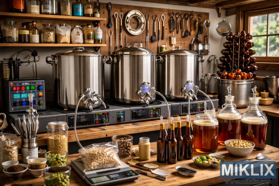 స్టెయిన్‌లెస్ స్టీల్ కెటిల్స్, గ్లాస్ కార్బాయ్‌లలో బీరును పులియబెట్టడం, హాప్స్ మరియు ధాన్యాల జాడిలు మరియు చక్కగా వేలాడదీసిన బ్రూయింగ్ సాధనాలతో వ్యవస్థీకృత హోమ్‌బ్రూయింగ్ స్టేషన్.