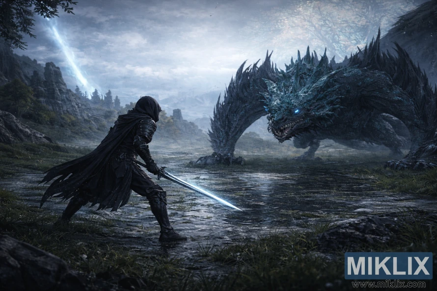 Fan art in stile anime con visuale ampia che raffigura i Tarnished che brandiscono una spada luminosa mentre affrontano il Drago Pietralucente Smarag nelle nebbiose zone umide di Liurnia dei Laghi, con rovine e terreno nebbioso sullo sfondo. Fan art in stile anime con visuale ampia che raffigura i Tarnished che brandiscono una spada luminosa mentre affrontano il Drago Pietralucente Smarag nelle nebbiose zone umide di Liurnia dei Laghi, con rovine e terreno nebbioso sullo sfondo.