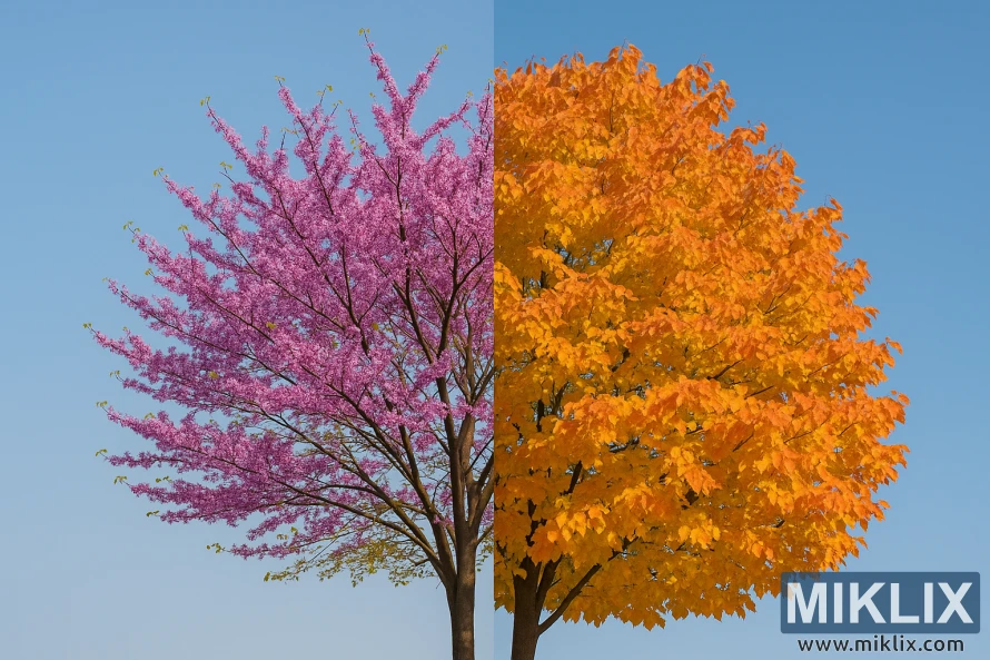 Одно дерево аира, разделенное на две половины: одна покрыта розовыми весенними цветами, а другая — золотисто-оранжевыми осенними листьями под ясным голубым небом. Одно дерево аира, разделенное на две половины: одна покрыта розовыми весенними цветами, а другая — золотисто-оранжевыми осенними листьями под ясным голубым небом.
