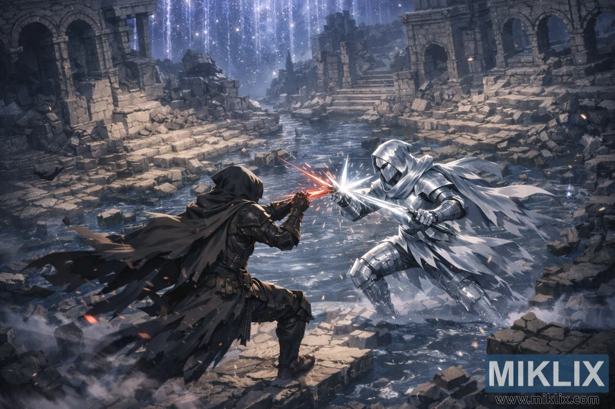 Izometrikus anime rajongói grafika a Fekete Késpáncélba Festett lényről, amint az ezüstös Mimic Könnycsepp ellen harcol Nokron elárasztott romjain, izzó tőreik a hulló csillagok fénye alatt csapódnak össze. Izometrikus anime rajongói grafika a Fekete Késpáncélba Festett lényről, amint az ezüstös Mimic Könnycsepp ellen harcol Nokron elárasztott romjain, izzó tőreik a hulló csillagok fénye alatt csapódnak össze.