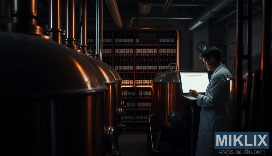 Koselig bryggeri med kobbertanker, rør og en forsker som inspiserer gjær under varm belysning. Koselig bryggeri med kobbertanker, rør og en forsker som inspiserer gjær under varm belysning.