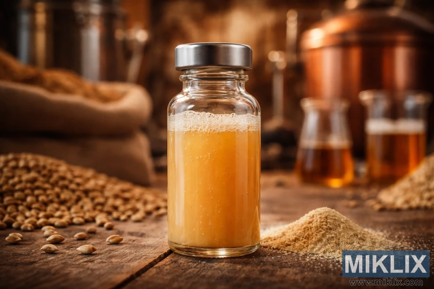 Malapitang pagtingin sa isang walang label na vial na salamin na puno ng likidong brewer's yeast sa isang kahoy na ibabaw, na may malabong kagamitan sa paggawa ng serbesa at butil sa likuran.