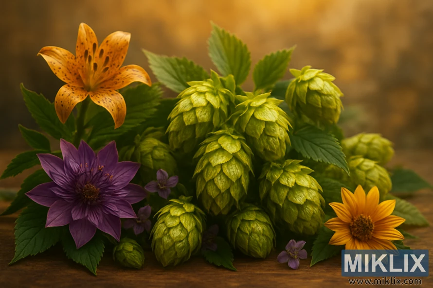 Натюрморт от пресни зелени шишарки от хмел, заобиколени от ярки цветя в лилаво, оранжево и жълто, аранжирани върху дървена повърхност на златист светещ фон. Натюрморт от пресни зелени шишарки от хмел, заобиколени от ярки цветя в лилаво, оранжево и жълто, аранжирани върху дървена повърхност на златист светещ фон.