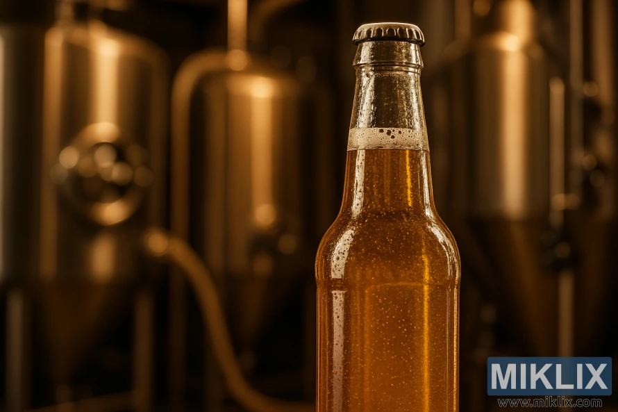 Nærbilde av en avkjølt, ravfarget ølflaske med kondens mot uskarpe bryggetanker i varmt, gyllent lys.