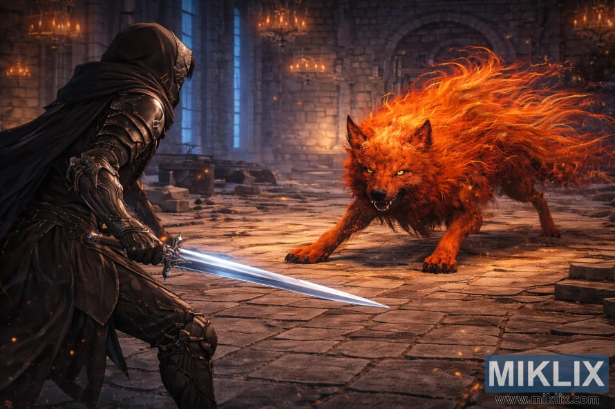 Isang fan art na istilong anime na nagpapakita ng mga Tarnished mula sa likuran sa kaliwa, na may hawak na espada habang ang Pulang Lobo ng Radagon ay mapanganib na nakatayo malapit sa loob ng Raya Lucaria Academy.