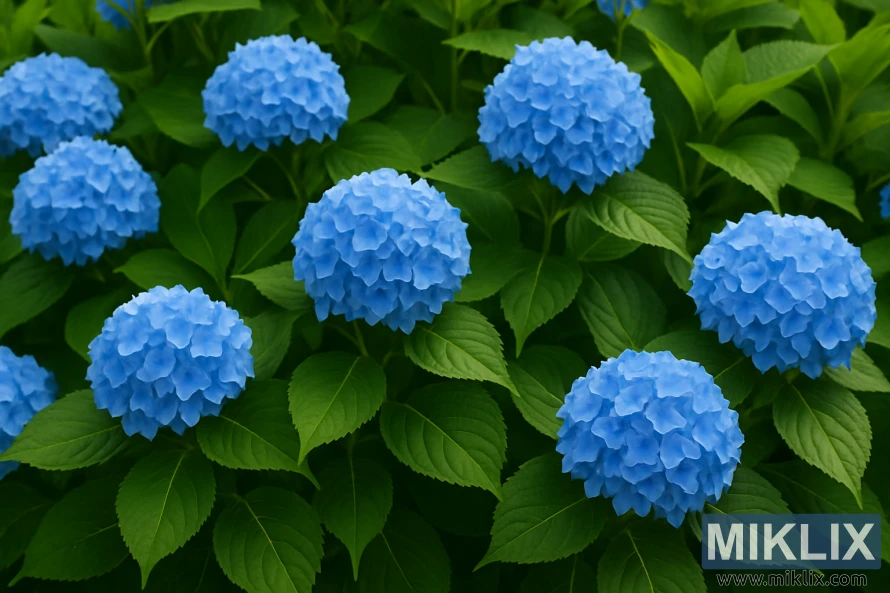 Endless Summer hydrangeas in vivid blue bloom with lush green foliage beneath soft summer light.