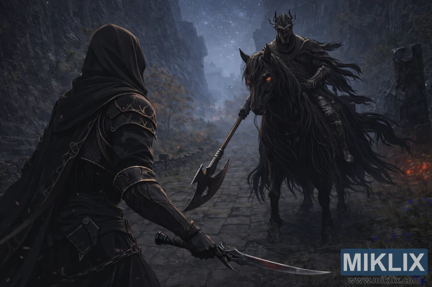 Fanart de Elden Ring ao estilo anime que mostra o Maculado com armadura de Faca Negra à esquerda a enfrentar uma Cavalaria da Noite muito maior a cavalo na nevorosa Estrada Bellum durante a noite.