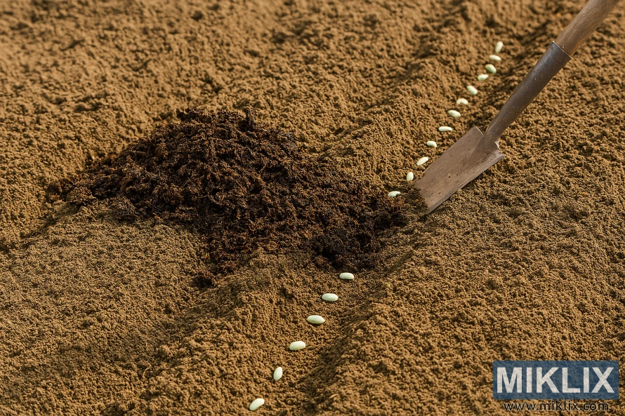 Compost being mixed into tilled garden soil with green bean seeds planted in a row Compost being mixed into tilled garden soil with green bean seeds planted in a row