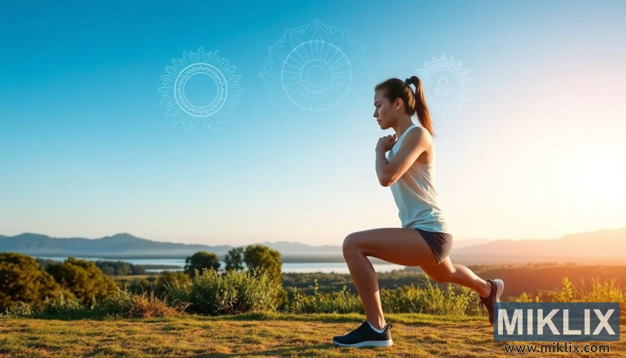 Person doing squats in a peaceful landscape with greenery, water, and mindfulness symbols.
