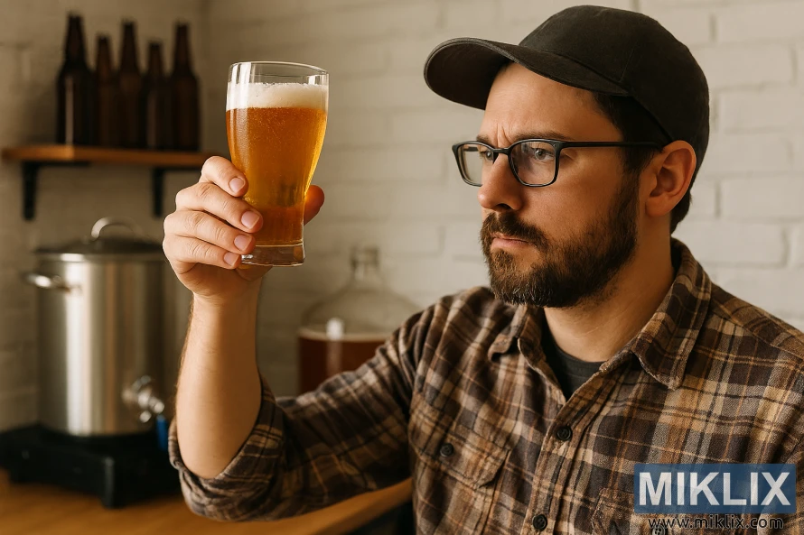 Man inspecting a glass of golden California lager in a home brewing setup Man inspecting a glass of golden California lager in a home brewing setup