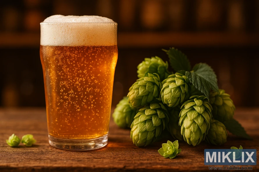 Close-up of a frothy golden beer with fresh green hops on a rustic wooden bar