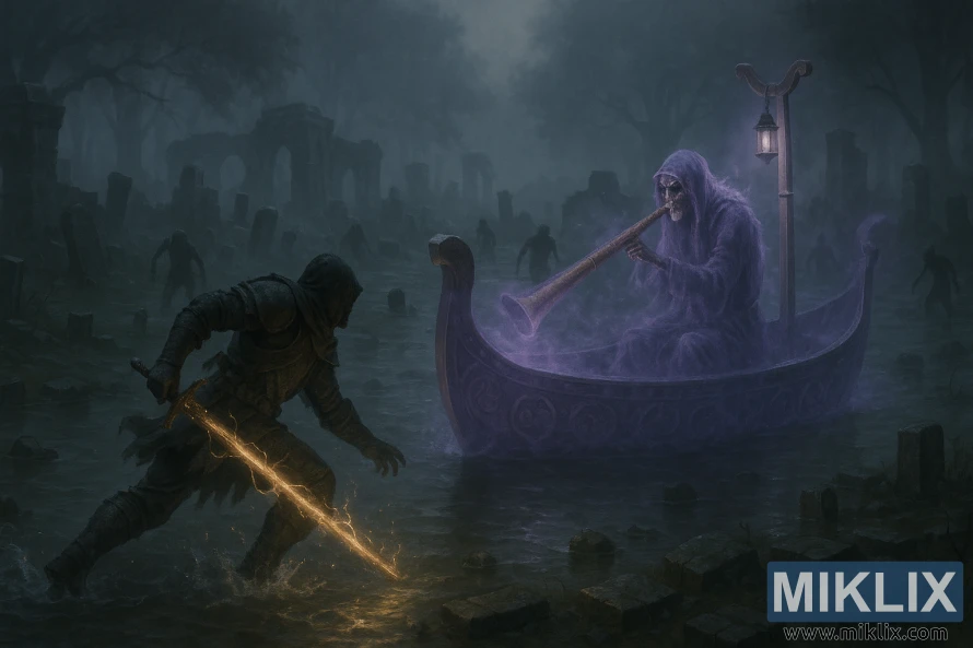 Landscape dark fantasy Elden Ring fan art showing the Tarnished attacking a ghostly purple Tibia Mariner in a translucent boat amid foggy ruins.