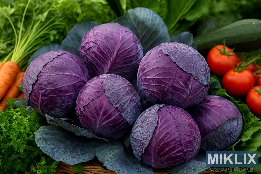 Freshly harvested red cabbages surrounded by carrots, tomatoes, zucchini, and leafy greens