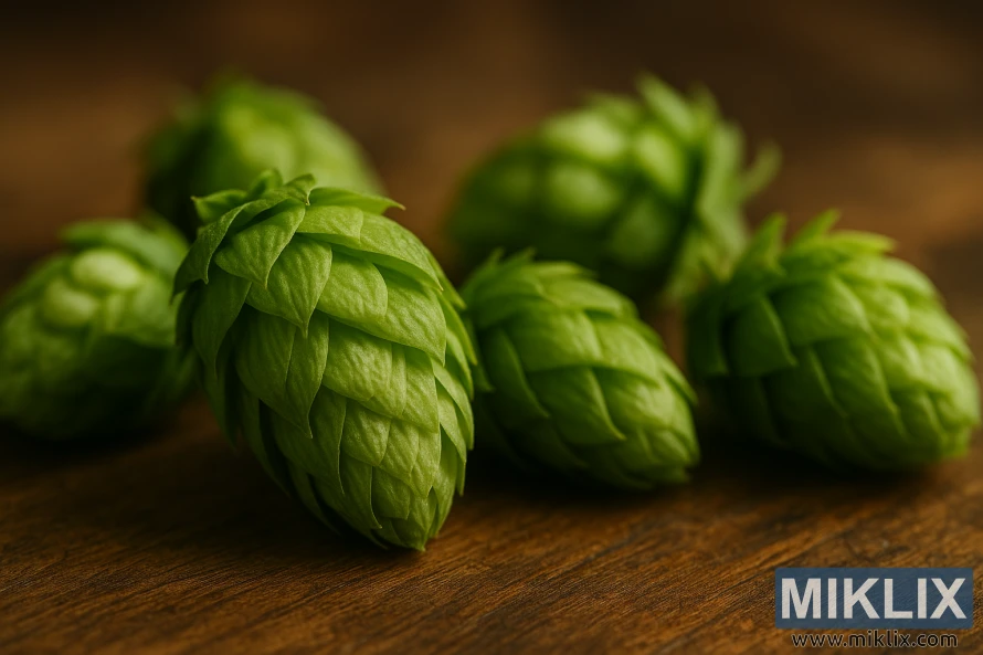 A detailed close-up of vibrant green Vanguard hop cones resting on a rustic wooden surface, glistening softly under warm, diffused light. A detailed close-up of vibrant green Vanguard hop cones resting on a rustic wooden surface, glistening softly under warm, diffused light.